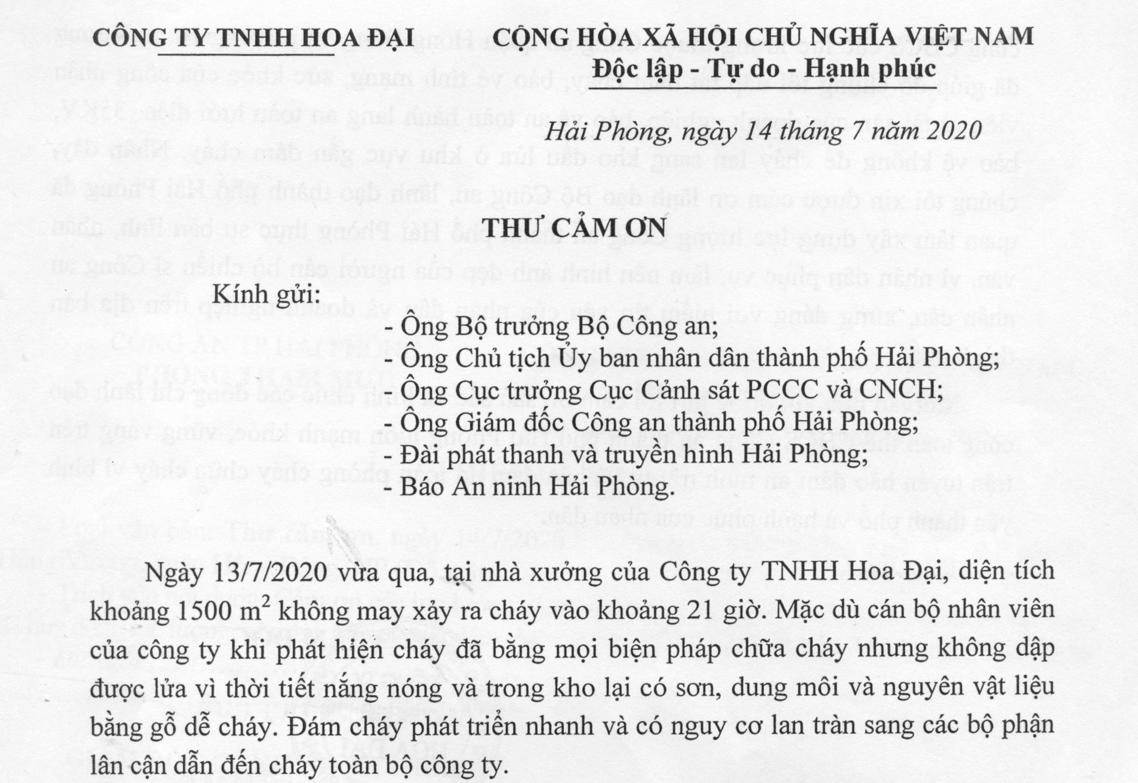 Công ty TNHH Hoa Đại gửi thư cảm ơn tới Ban Giám đốc CATP Hải Phòng